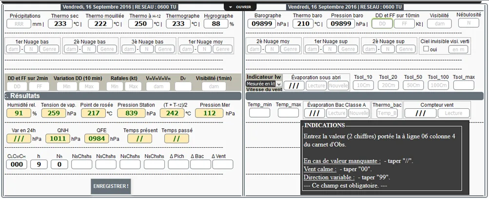 PROGIMET : saisie d'une observation synoptique et calcul automatique des résultats