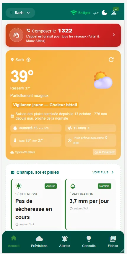 Application SIM-AGRO : météo du jour à Sarh et vigilance chaleur bétail